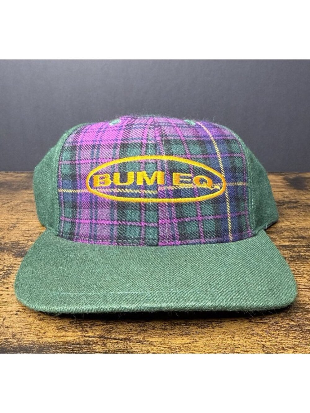 Vintage 90s BUM Equipment Snapback Hat Green Plaid Logo Cap Street Skater Grunge